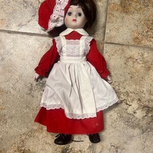 Vintage 90s Artist Doll House Girl Porcelain Burgundy with Apron & Hat